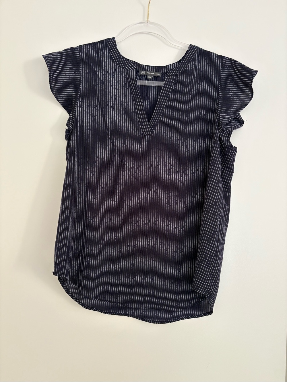 Adrianna Papell Navy Pinstripe Split V-Neck Flutter Sleeve Top
